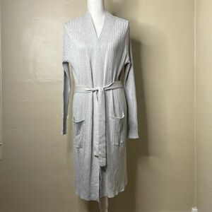 ENCORE by Idina Menzel Long Ribbed Cardigan with Self Tie Gray Small (Runs Big)